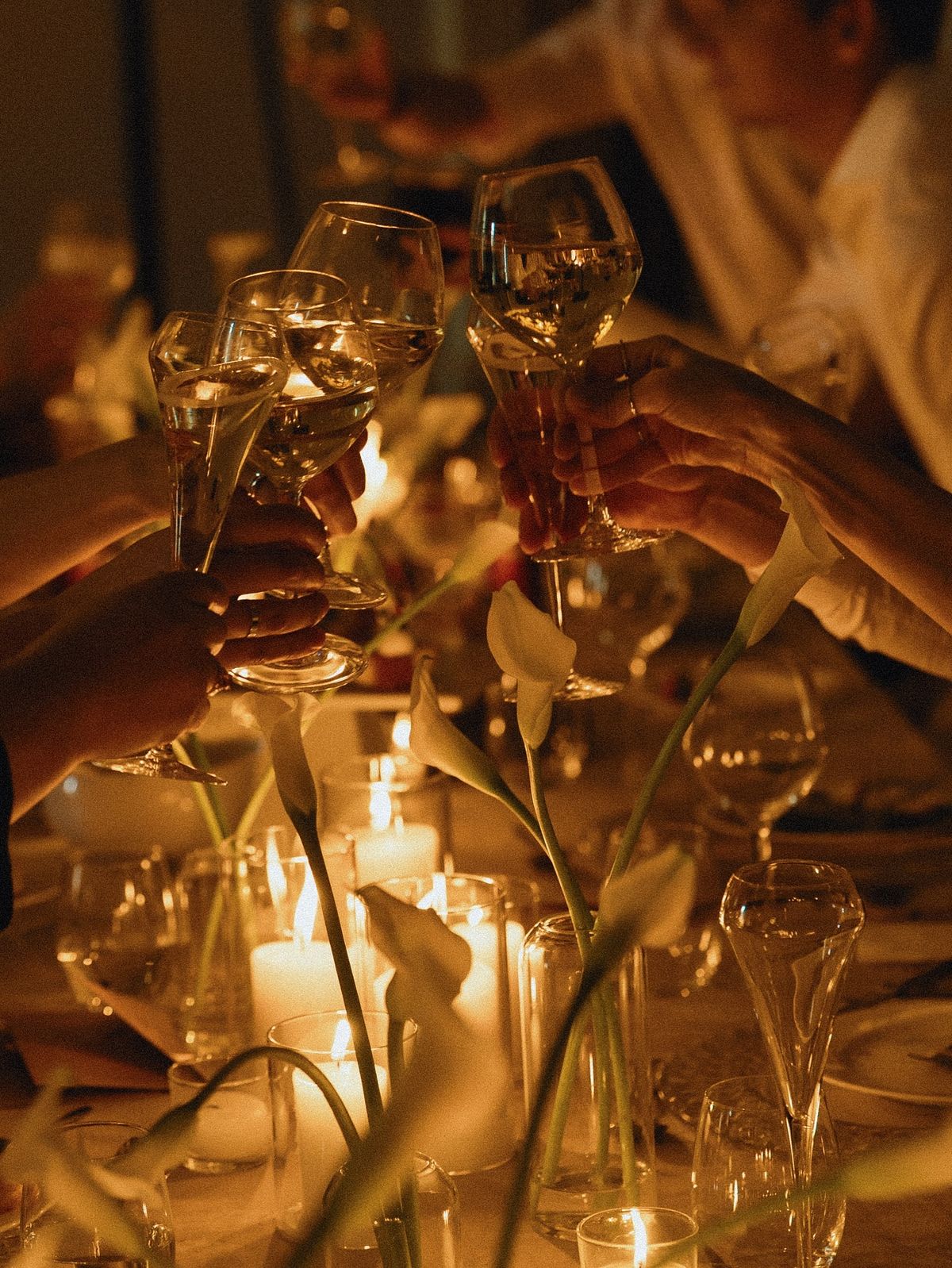 Guests raising glasses over a candlelit table