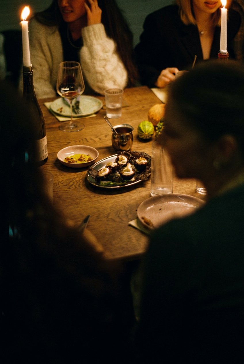 Guests around a candlelit table