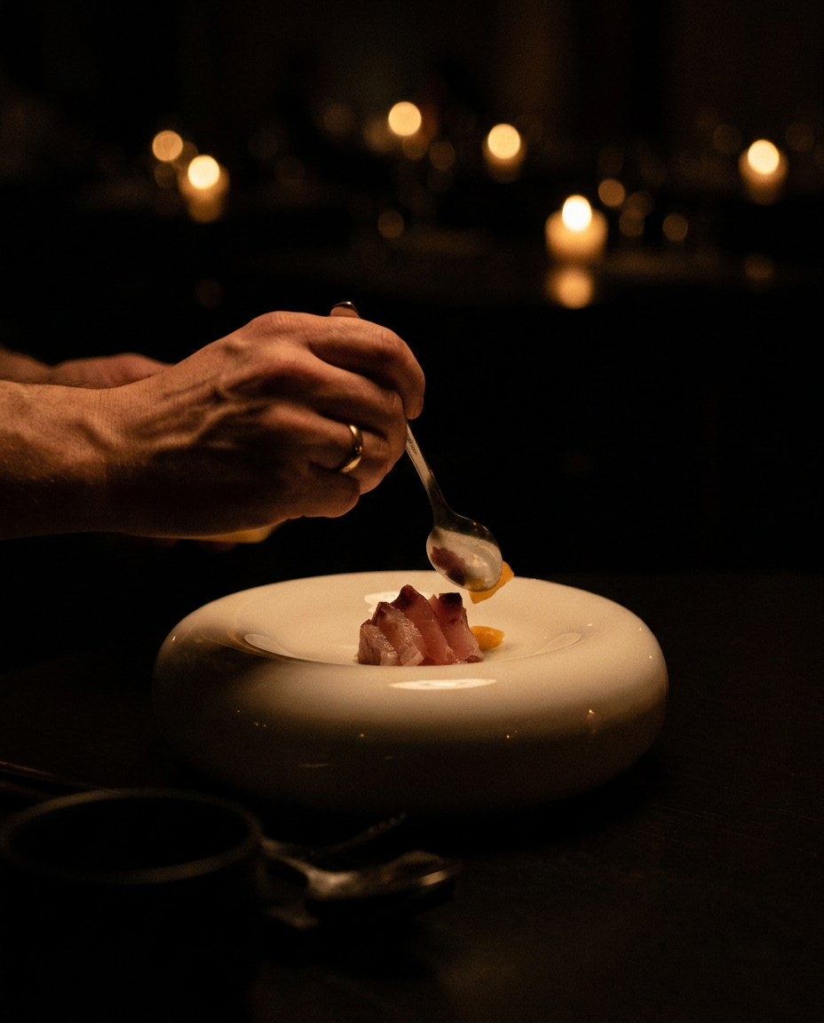 A spoon finishing a small dish in warm candlelight